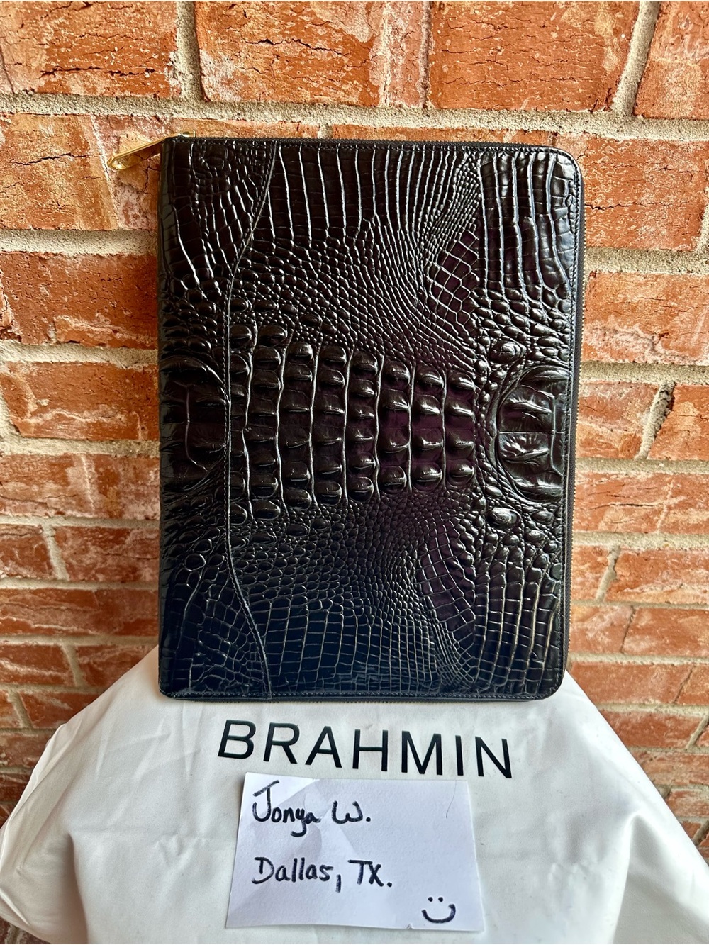 Brahmin Black Croc-Embossed Leather Zip Folio with Gold-Tone Zipper